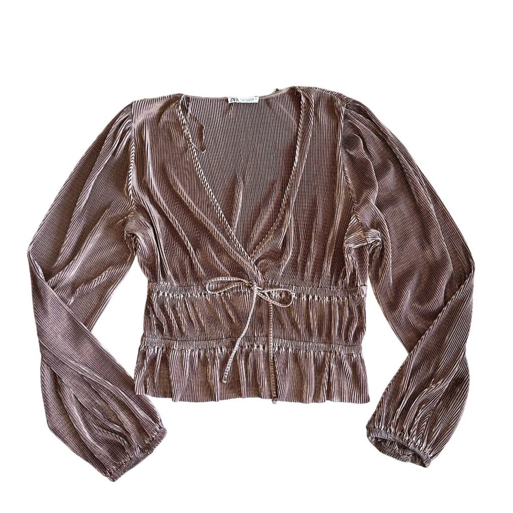 Zara Pale Brown Pink Mauve Metallic Pleated Long Sleeve V-Neck Top Women's Large